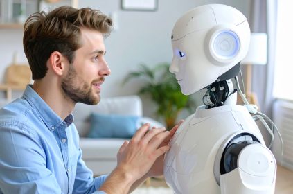Mężczyzna rozmawia z robotem