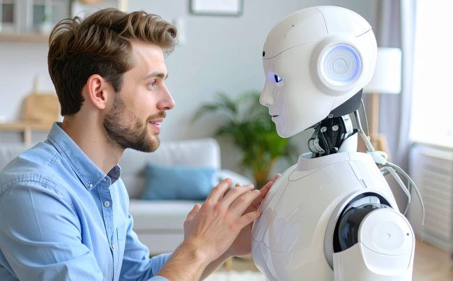 Mężczyzna rozmawia z robotem