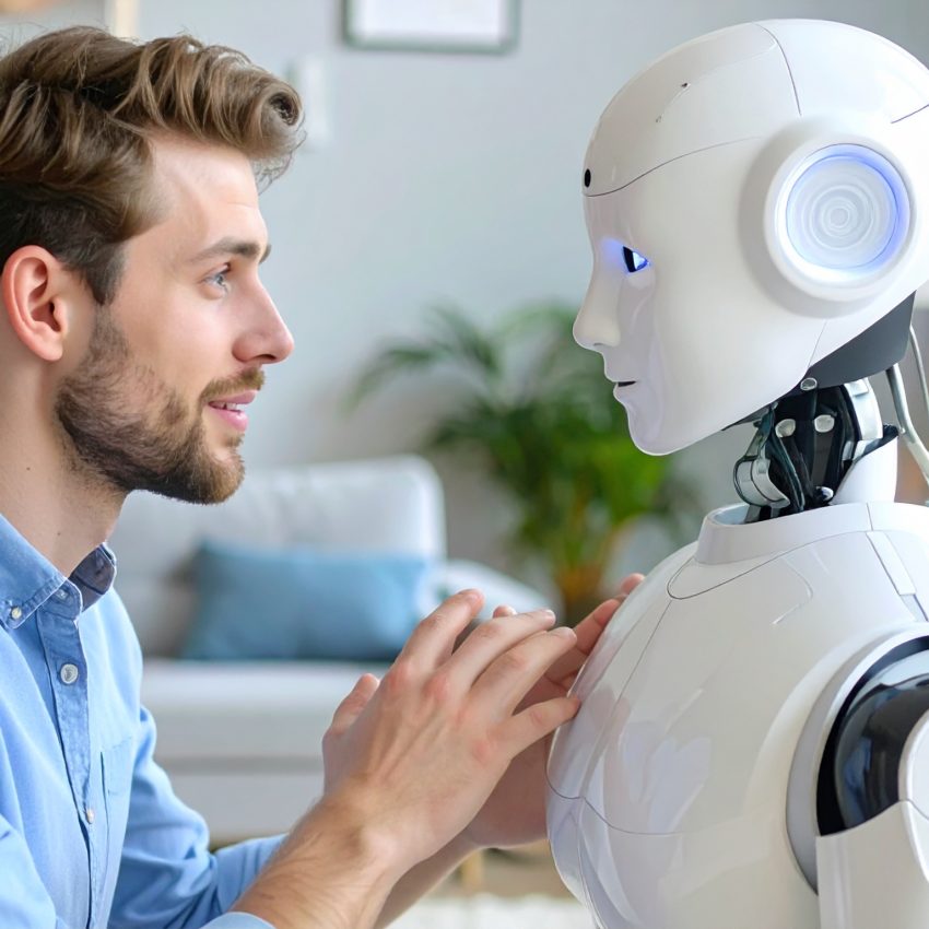 Mężczyzna rozmawia z robotem