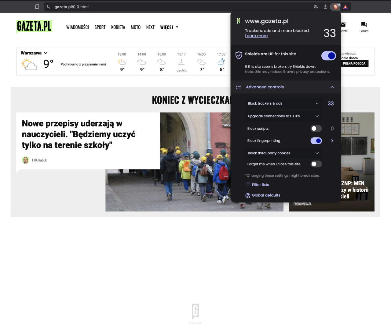 33 trackery i reklamy zablokowane na stronie głównej portalu Gazeta.pl przez przeglądarkę Brave.