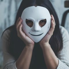 Kobieta trzymająca białą maskę z uśmiechem, zasłaniającą część twarzy — obraz symbolizujący ukrywanie prawdziwej tożsamości w internecie.